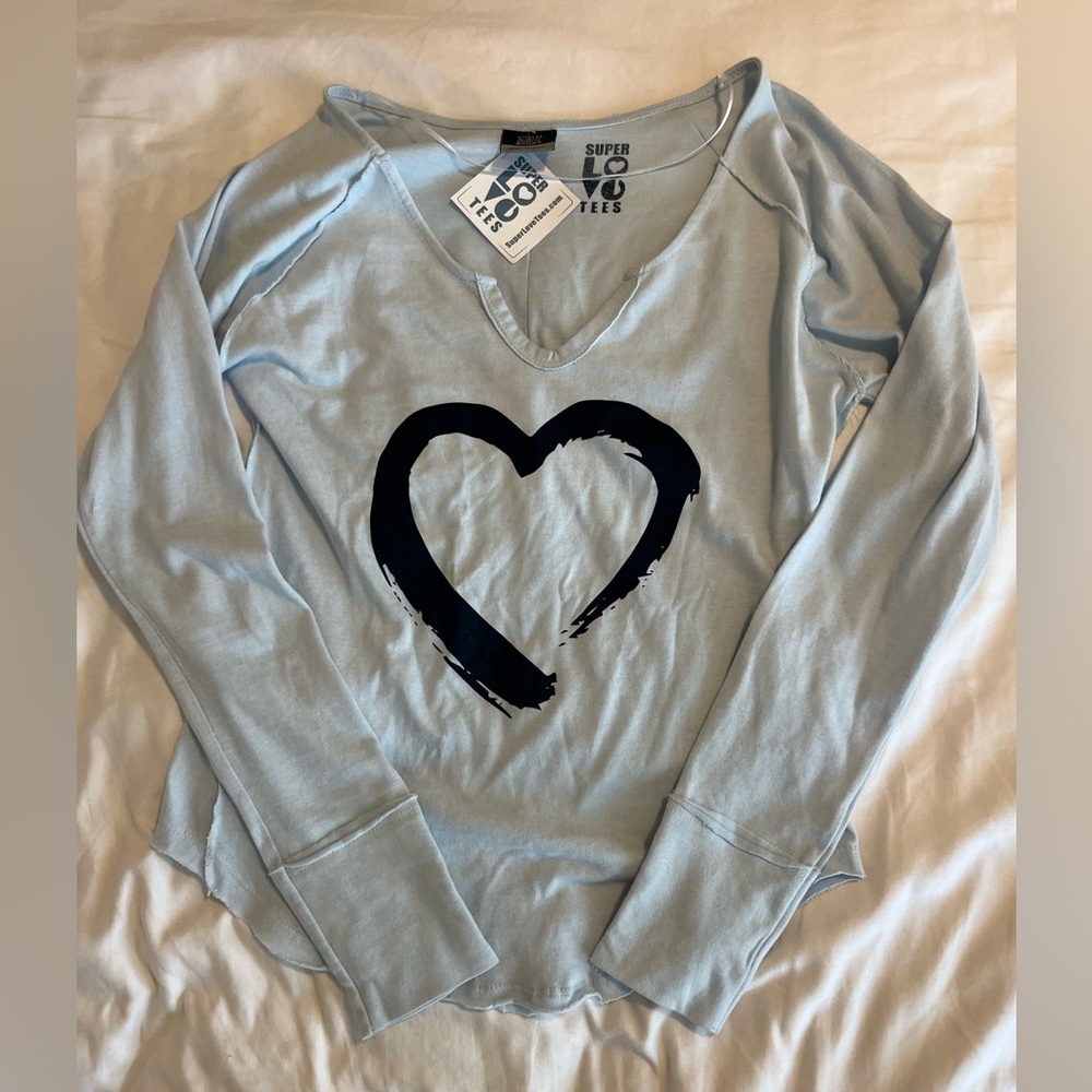 NWT super love tees light blue heart off the shoulder long sleeve top